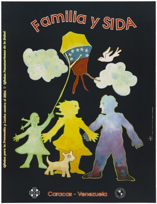 The coloured silhouettes of a girl holding a kite bearing the flag of Venezuela, a man and woman, a dog and a dove representing an AIDS prevention advertisement for families. Colour lithograph by Marco Caamaño, ca. 1995.