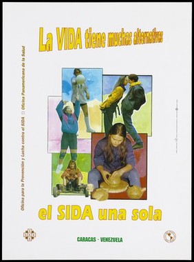 Children playing ball, a girl riding a go-cart, a young couple rub noses and a long-haired youth moulding a pot; an AIDS prevention advertisement by the Oficina para la Prevención y Lucha contra el Sida and oficina Panamericana de la Salud. Colour lithograph by Marco Caamaño, ca. 1995.