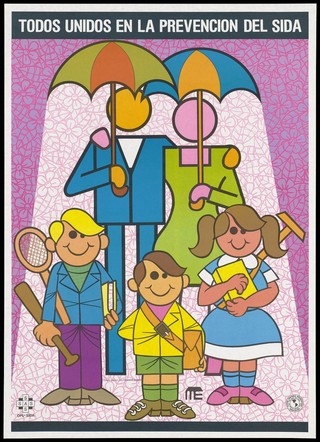 A couple holding umbrellas with 3 children before them against a floral background; an AIDS prevention advertisement by OPL-Sida. Colour lithograph by Luis J. Querecuto, ca. 1995.