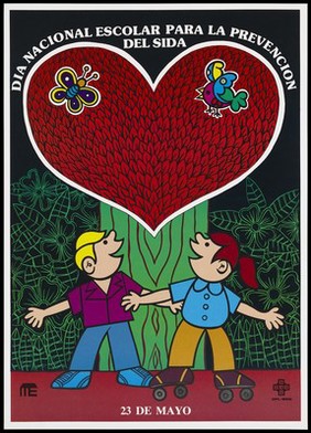 Two children, one on roller-skates, look up at a red heart above a green tree trunk with a butterfly and a bird; an advertisement for National School AIDS Prevention day on 23rd May by OPL-Sida. Colour lithograph, ca. 1995.