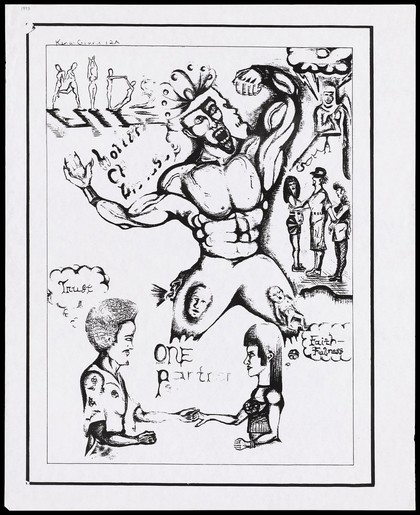 A man flexing his muscles with two faces and a baby visible in his legs with figures performing gymnastics, a man with 2 women and a couple; one of 4 drawings by students of C. C. Sweeting Senior High School, Nassau, Bahamas for World AIDS Day, November 1993. Photocopy reproduced from a drawing, 1993.
