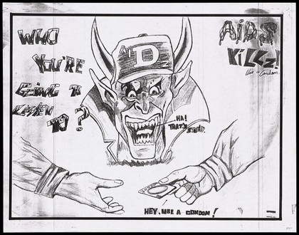 A man bearing his fangs wearing a horned hat with the word 'AIDS' grimacing at a hand offering a condom to another hand below; one of 4 drawings by students of C. C. Sweeting Senior High School, Nassau, Bahamas for World AIDS Day, November 1993. Photocopy reproduced from a drawing, 1993.