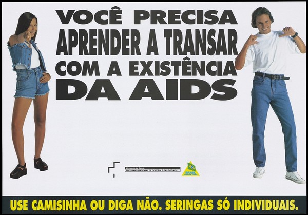 A woman and a man make gestures advertising safe sex to prevent AIDS. Colour lithograph for the Ministério da Saúde, Brazil, Programa Nacional de controle das DST/AIDS, ca. 1995.