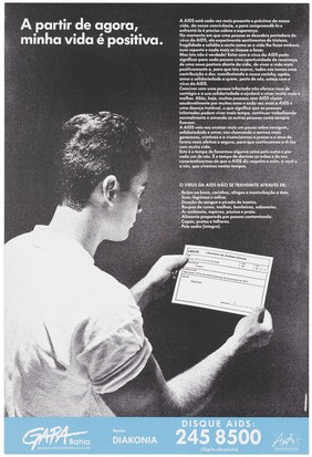 A man looks at a clinical record card that confirms that he is HIV positive; an AIDS prevention advertisement by Gapa Bahia. Colour lithograph by Artur Viana, 1993.