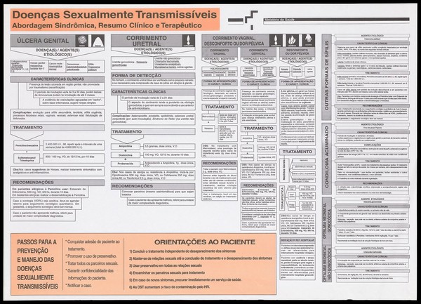 A table of sexually transmitted diseases and their clinical and therapeutic treatments issued by the Ministério de Saúde, Brazil. Colour lithograph, ca. 1995.