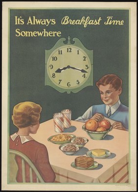 A boy and a girl sitting at the breakfast table, with a changeable clock face behind and slots for food on the table. Colour lithograph after Dorcy, 1935.