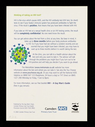 Thinking of taking an HIV test? / Camden Primary Care Trust Health Promotion Service Gay Men's Team.
