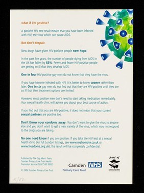 Thinking of taking an HIV test? : what if I'm positive? / Camden Primary Care Trust Health Promotion Service Gay Men's Team.