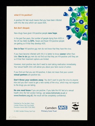 Thinking of taking an HIV test? : what if I'm positive? / Camden Primary Care Trust Health Promotion Service Gay Men's Team.