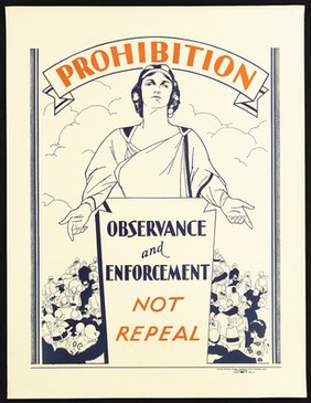 An American woman preaching Prohibition to a crowd of well-dressed American citizens. Colour lithograph, 192-.