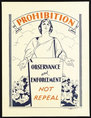 An American woman preaching Prohibition to a crowd of well-dressed American citizens. Colour lithograph, 192-.