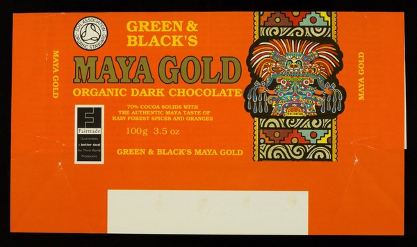 Green & Black's Maya Gold organic dark chocolate : 70% cocoa solids with the authentic Maya taste of rain forest spices and oranges : 100g, 3.5 oz / Green & Black.