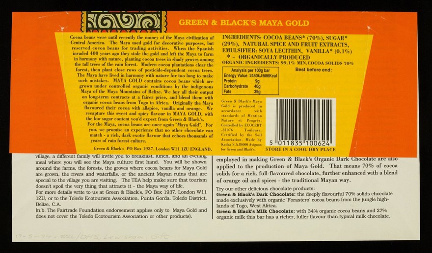 Green & Black's Maya Gold organic dark chocolate : 70% cocoa solids with the authentic Maya taste of rain forest spices and oranges : 100g, 3.5 oz / Green & Black.