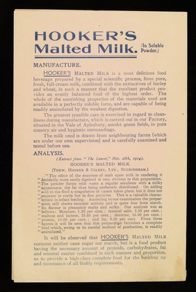 Hooker's Malted Milk (in soluble powder) : delicious & nutritious, highest quality / Thew, Hooker & Gilbey, Ltd.