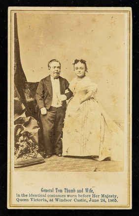 General Tom Thumb and wife : in the identical costumes worn before her majesty, Queen Victoria, at Windsor Castle, June 24, 1865.