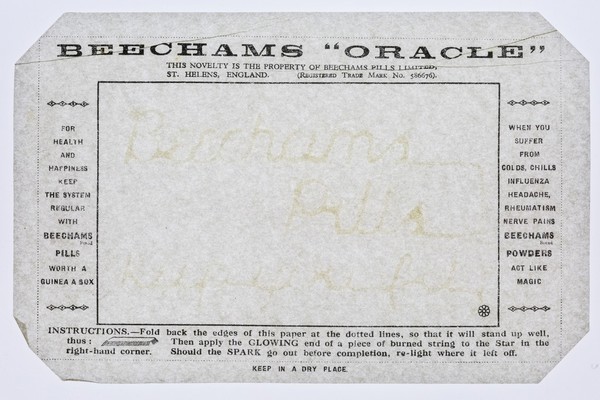 Beecham's "oracle" : this novelty is the property of Beechams Pills Limited, St. Helens, England : (registered trade mark no. 586676).