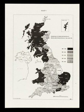 Percentage of herds participating in brucellosis eradication as at 30th June 1975 / [Prepared and drawn by Survey Section, Ministry of Agriculture, Fisheries and Food].