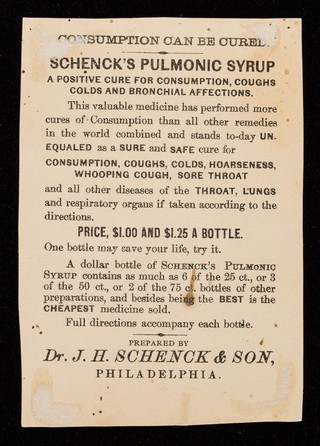 Take Schenck's pulmonic syrup for the coughs, colds and consumption / Dr. J.H. Schenck & Son.