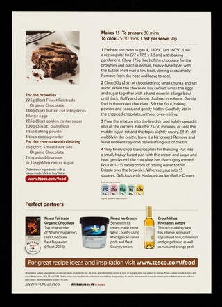 Dark chocolate fudge brownies with chocolate drizzle : award winning Fairtrade organic chocolate : 30p per serve : all-time classic recipe ... / Tesco.