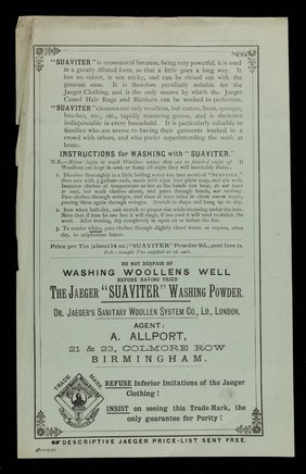 On the effective washing of Dr. Jaeger's sanitary woollens : the Jaeger "Suaviter" washing powder / Dr. Jaeger's Sanitary Woollen System Co. ; agent: A. Allport.