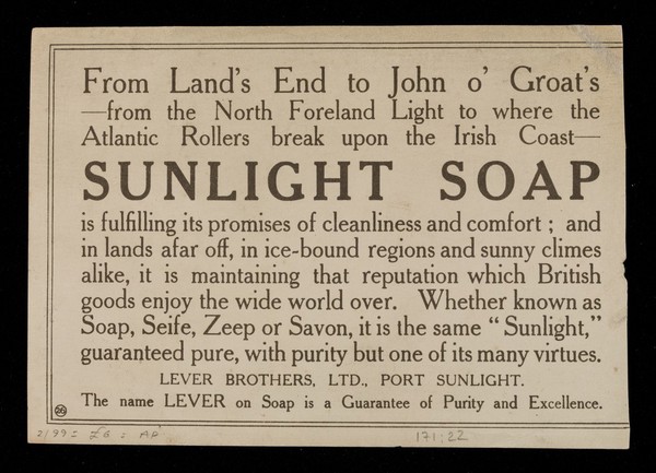 "Golden progress in the east", Shakespeare : from Land's End to John O'Groat's ... Sunlight Soap is fulfilling its promises of cleanliness and comfort... / Lever Brothers Ltd.