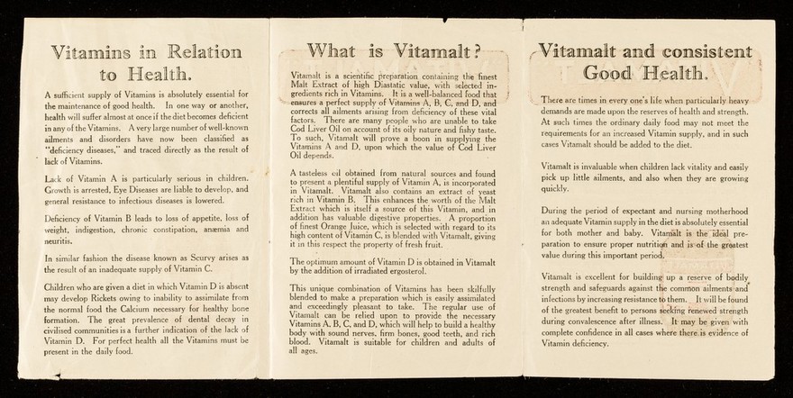 Vitamalt : the perfect vitamin-food for infants, children and adults : Rich in the essential vitamins A, B, C and D : Especially recommended for delicate and ailing children, nursing & expectant mothers and in all cases of malnutrition and low vitality / Boots Pure Drug Company.