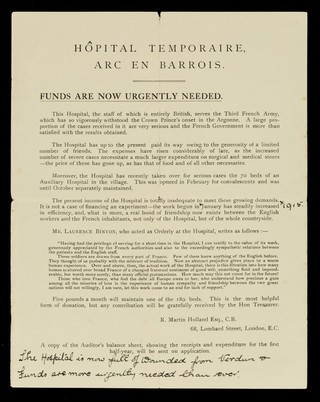Hôpital Temporaire, Arc-en-Barrois : funds are urgently needed ... / R. Martin Holland.