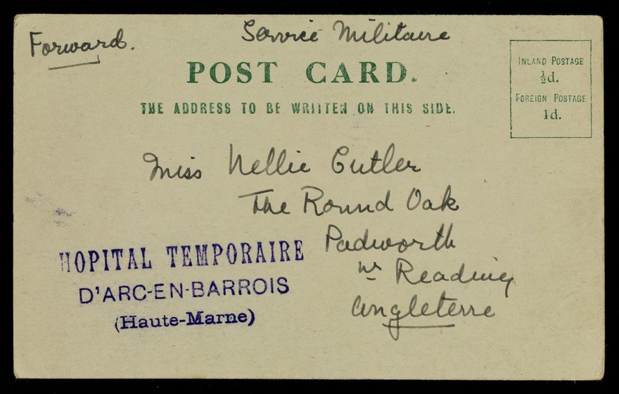 Hôpital Temporaire, d'Arc-en-Barrois (Haute-Marne) : post card : the address to be written on this side.