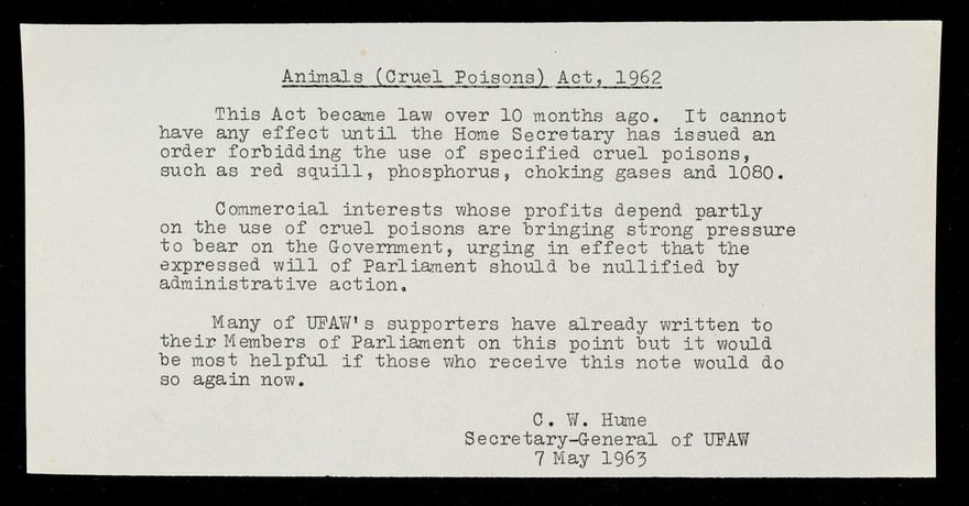 Animals (cruel poisons) act, 1962 / C.W. Hume.