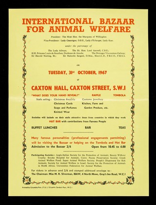 International Bazaar for Animal Welfare ... on Tuesday, 31st October, 1967 at Caxton Hall, Caxton Street, S.W.1.