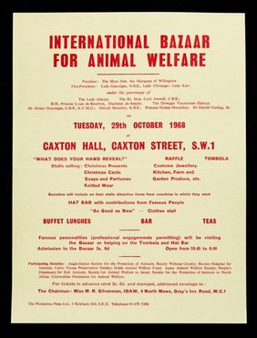 International Bazaar for Animal Welfare ... on Tuesday, 29th October, 1968 at Caxton Hall, Caxton Street, S.W.1.