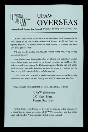 UFAW overseas : International Bazaar for Animal Welfare : Tuesday, 29th October, 1968.