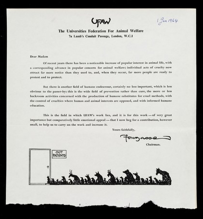 UFAW : The Universities Federation for Animal Welfare, 7a Lamb's Conduit Passage, London, W.C.1 : dear Sir or Madam ... / Fougasse.