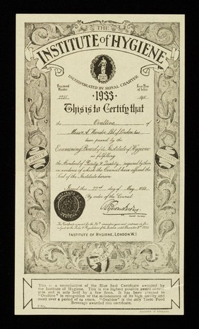 This is to certify that the Ovaltine of Messrs. A. Wander  Ltd. of London has been passed by the Examining  Board of the Institute of Hygiene as fulfilling the standard of purity & quality required by them ... 22nd day of May 1933 / A. Wander Ltd.