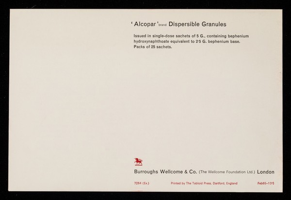 'Alcopar' the short, safe simple answer to the problems of ancylostomiasis, ascariasis, trichostrongyliasis / Burroughs Wellcome & Co. (the Wellcome Foundation Ltd.).