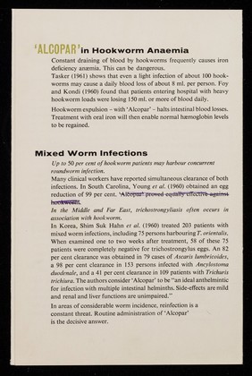 'Alcopar' in hookworm, roundworm and trichostrongylus infections / Burroughs Wellcome & Co. (the Wellcome Foundation Ltd.).