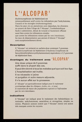 'Alcopar' traitement de l'ankylostomose, de l'ascaridiose et de la trichostrongylose / Burroughs Wellcome & Co. (the Wellcome Foundation Ltd.).