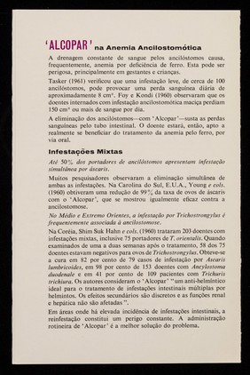 'Alcopar' para o tratamento das infestações por ancilóstomos, áscaris e trichostrongylus / Burroughs Wellcome & Co. (the Wellcome Foundation Ltd.).