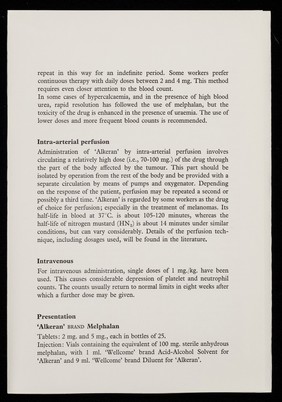 'Alkeran' for the treatment of multiple myeloma, malignant melanoma, and certain other malignant conditions / Burroughs Wellcome & Co. (the Wellcome Foundation Ltd.).