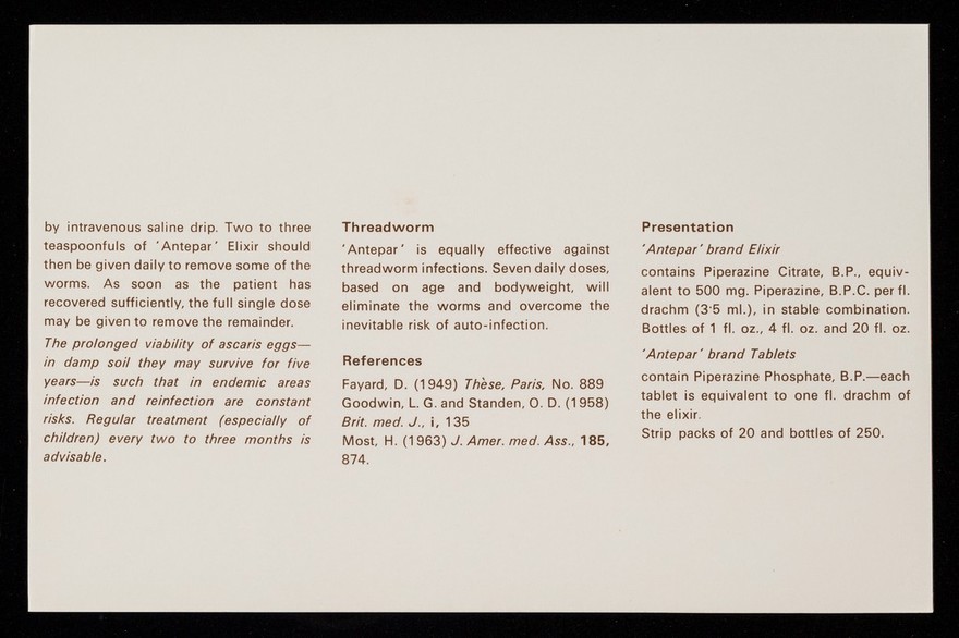 'Antepar' : the effective treatment for ascariasis / Burroughs Wellcome & Co. (The Wellcome Foundation Ltd.).