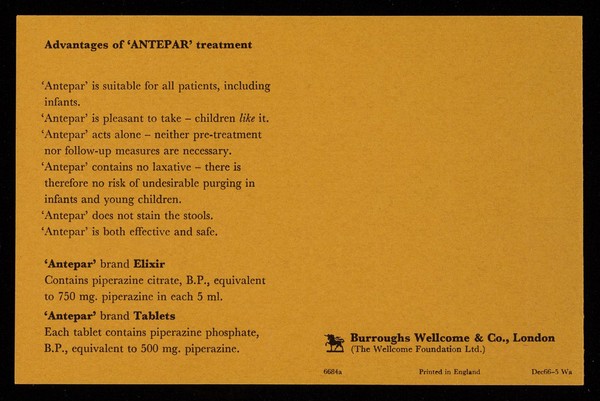 'Antepar' : the decisive answer to threadworm and roundworm / Burroughs Wellcome & Co. (The Wellcome Foundation Ltd.).