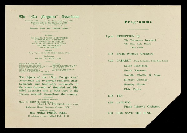 Cabaret tea : to benefit special Christmas fund of the "Not Forgotten" Association : Dorchester Hotel, December 7th, 1945.