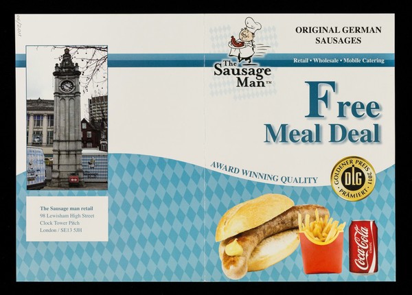 Free meal deal : award winning quality : original German sausages : retail, wholesale, mobile catering / The Sausage Man.