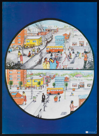 A poorly run town compared to a well run town in Ethiopia. Colour lithograph, ca. 2000.