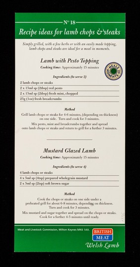 Recipe ideas for lamb chops and steaks / Meat & Livestock Commission.