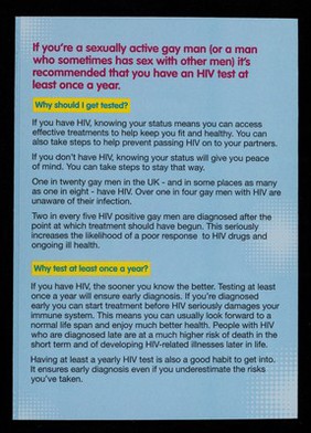 Get tested! : If you're a sexually active gay man you should have an HIV test at least once a year. Here's why... / NAT, GMFA, BASHH.