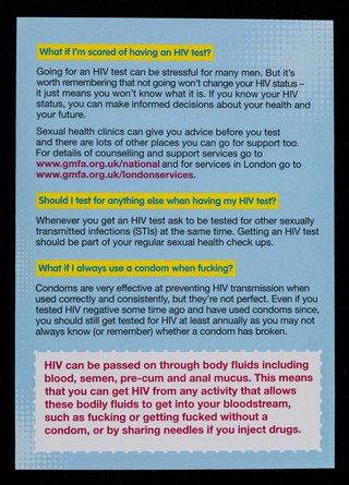 Get tested! : If you're a sexually active gay man you should have an HIV test at least once a year. Here's why... / NAT, GMFA, BASHH.