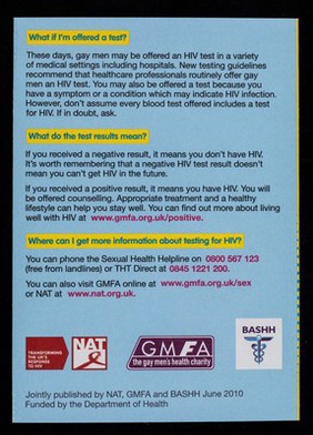 Get tested! : If you're a sexually active gay man you should have an HIV test at least once a year. Here's why... / NAT, GMFA, BASHH.