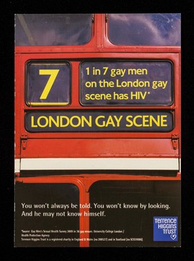 1 in 7 gay men on the London gay scene has HIV : You won't always be told. You won't know by looking. And he may not know himself / Terrence Higgins Trust, GMFA.