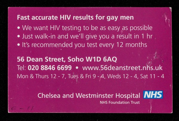 56 Dean Street : fast accurate HIV results / Chelsea and Westminster Hospital NHS Foundation Trust.